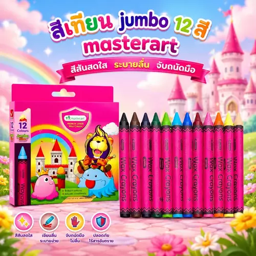 [พร้อมส่ง] สีเทียน Master Art แท่งจัมโบ้ 12 สี มาสเตอร์อาร์ต ไส้ใหญ่ ระบายลื่น ไม่หักง่าย จับถนัดมือ อุปกรณ์ศิลปะเด็ก
