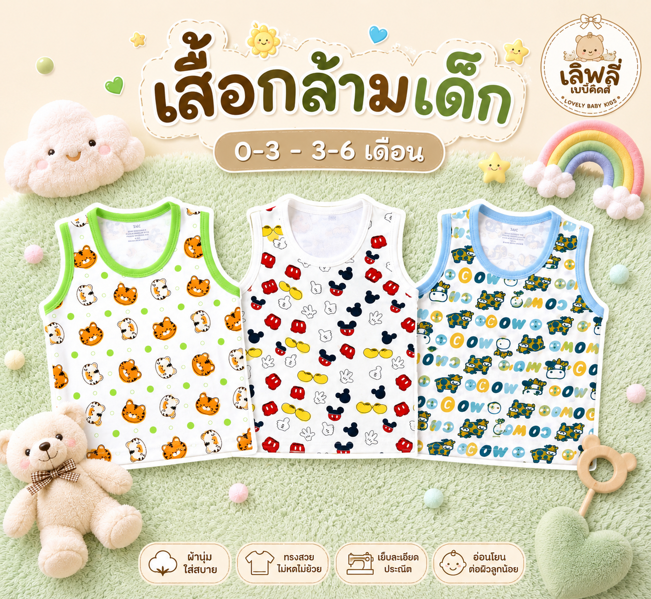 (3ตัว)เสื้อกล้ามเด็ก 3-9 kg. คละลายตามเพศCotton