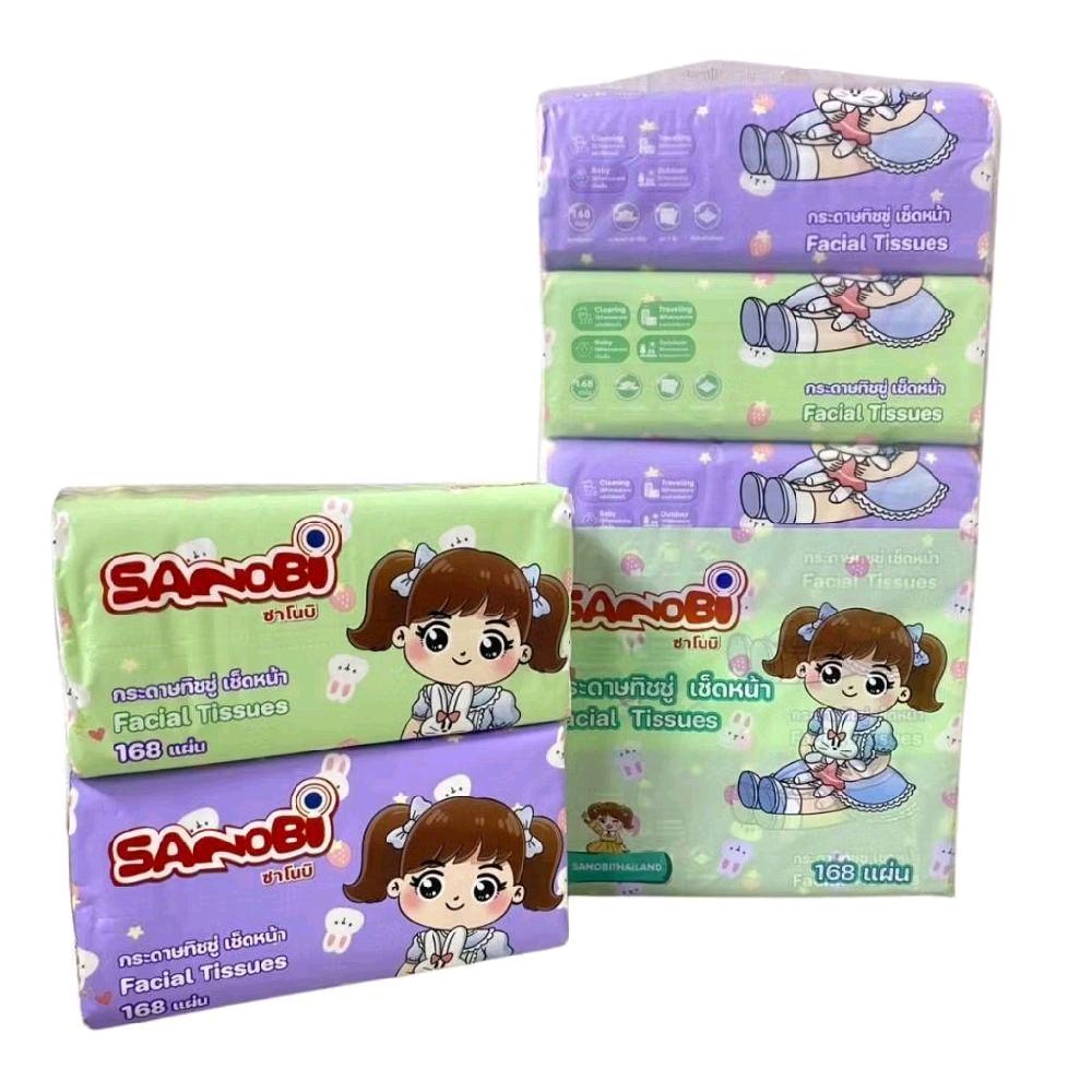 กระดาษทิชชู  กระดาษเช็ดหน้า 2 ชั้น SANOBI ขนาด 19x19.5cm. จำนวน 168 แผ่น (แพ็ค 5ห่อ)