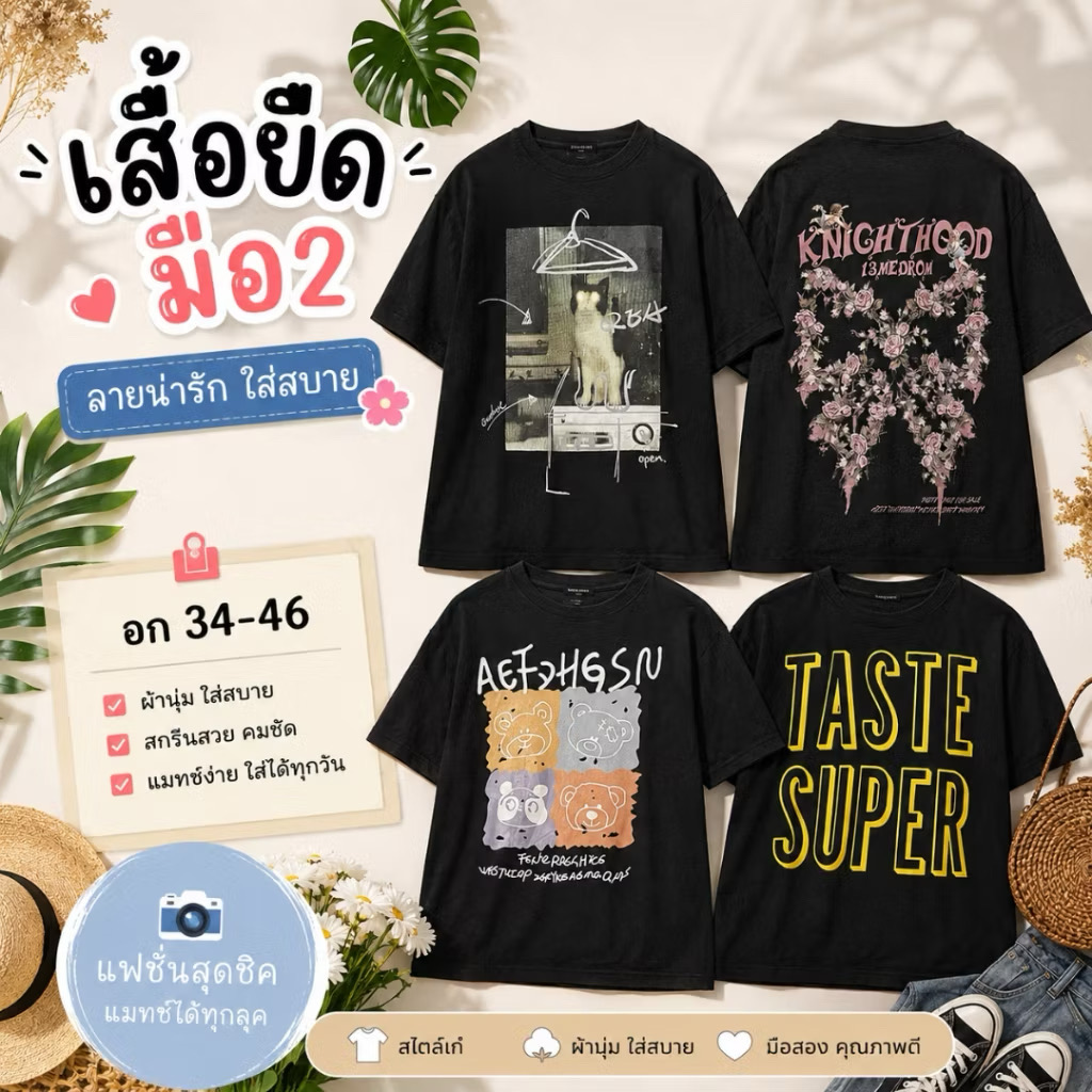 อก 34 36 นิ้ว สีดำ เสื้อยืดวินเทจมือ2 T-Shirt Vintage Premium สีดำ ผ้านุ่ม ใส่สบาย เสื้อยืดผู้หญิง เสื้อแฟชั่นวินเทจ
