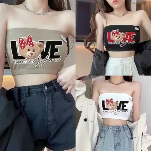 Pinkybra LunaBra เสื้อครอปเกาะอกลายหมี ใส่เที่ยว ใส่คาเฟ่ มีฟองน้ำ อก28-36นิ้ว