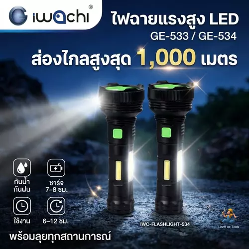 IWACHI ไฟฉาย 250W/300W LED ส่องสว่างที่นานเป็นพิเศษ ไฟฉายพลังสูง, ระยะแสงสูงถึง 10,000+ เมตร
