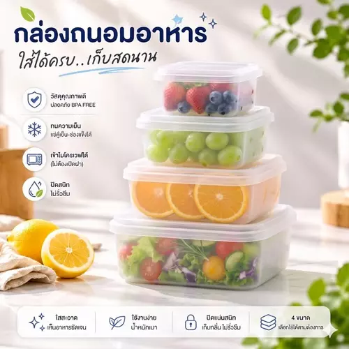 [มี มอก. ผลิตไทย] กล่องเวฟเหลี่ยม 🍱 กล่องถนอมอาหารอเนกประสงค์ เข้าไมโครเวฟได้ มี 4 ขนาด