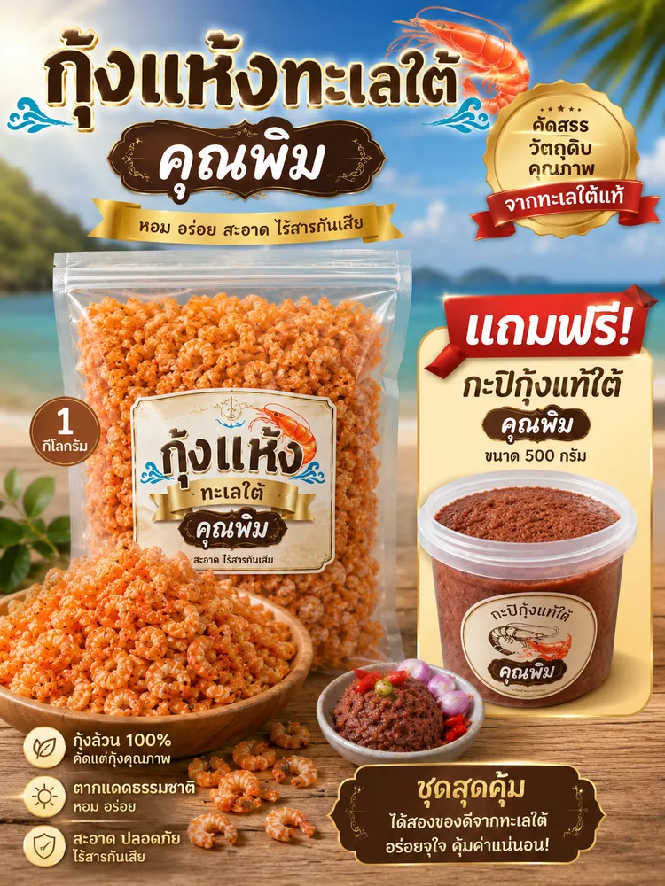 กุ้งแห้งทะเลใต้ 1กก. แถมกะปิกุ้งแท้ 500 กรัม ฟรี