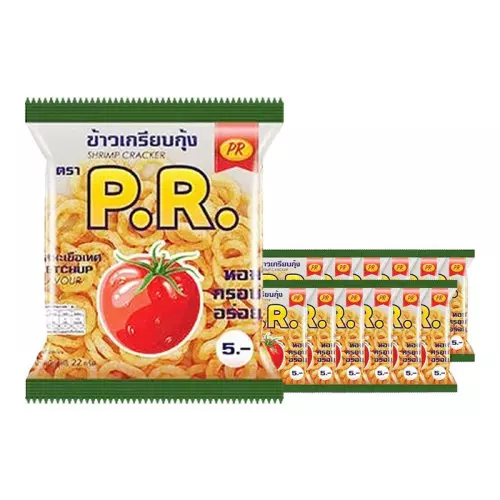พีอาร์ ข้าวเกรียบกุ้ง รสมะเขือเทศ 22 กรัม x 12 ซอง (834868)
