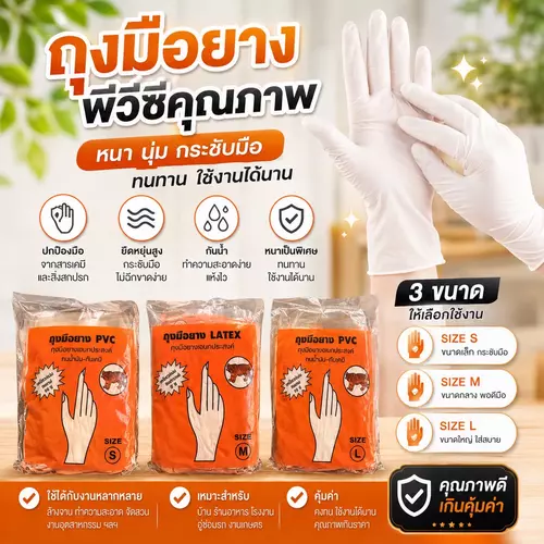 🔥ถุงมือยาง PVC ตราเสือ สีขาว (สุดคุ้ม แพ็ค 3 คู่)!🔥 ยืดหยุ่น ทนทาน ไม่ขาดง่าย ปกป้องมือจากสารเคมี น้ำยาทำความสะอาด และคราบสกปรก ใส่สบาย กระชับมือ