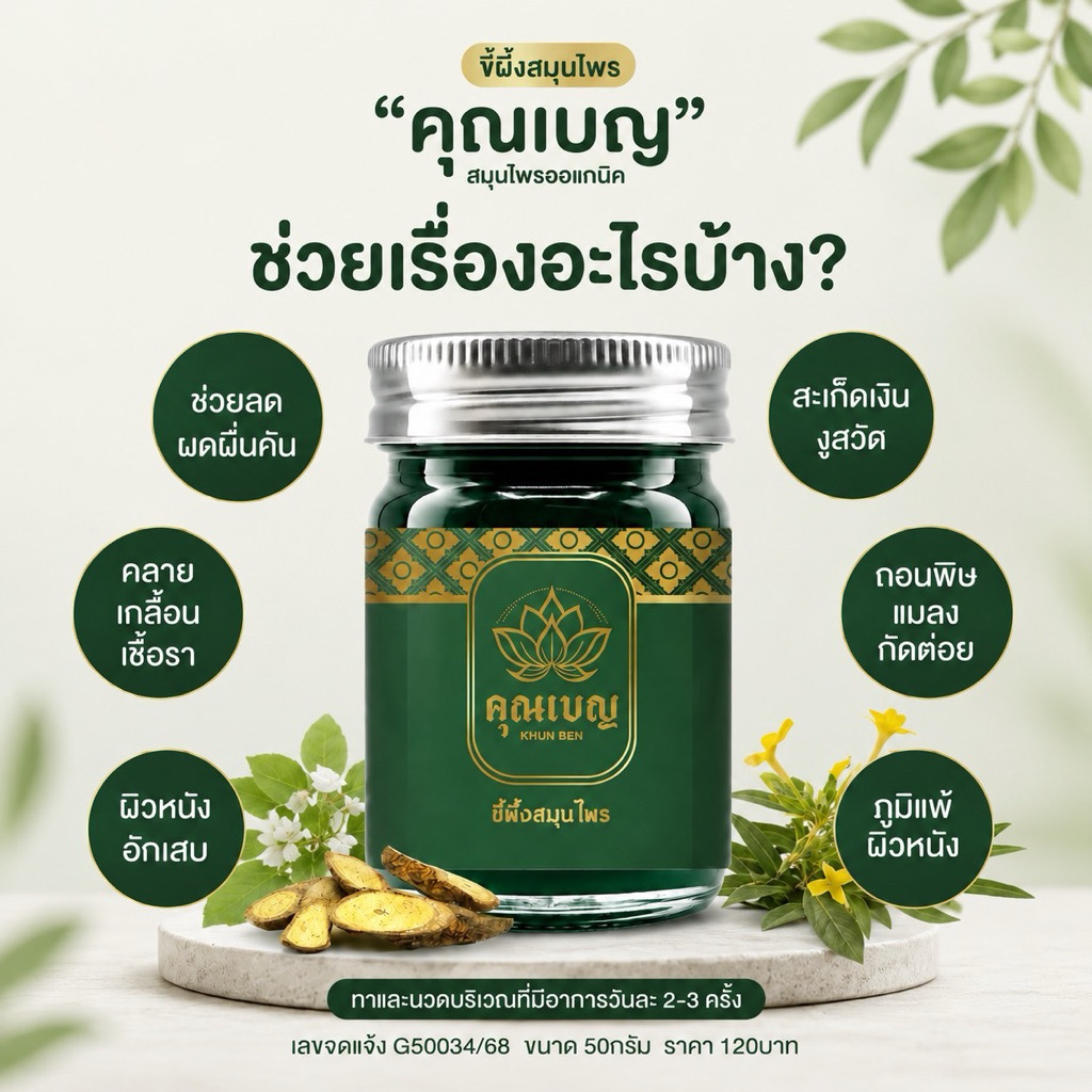 Khunben คุณเบญ ยาหม่องเขียว ผิวหนังอักเสบ สะเก็ดเงิน แก้คัน ผดผื่น  ขนาด 50กรัม