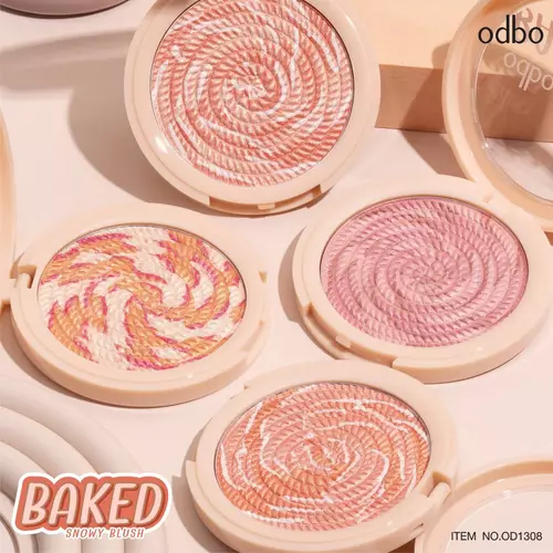 ODBo OD1308 BAKED SNOWY BLUSH ปัดแก้มเนื้ออบ มีชิมเมอร์ ลวดลายแปลกใหม่ เกลี่ยง่าย สีชัดสวย ติดทน