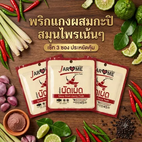 พริกแกง ผัดเผ็ด ผสมกะปิ 45 กรัม จะโหรม (แพ็ค 3 ซอง) เครื่องแกงกะปิ มีฮาลาล แกงใต้ ผัดพริกแกง