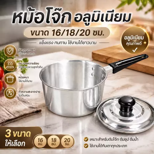 [3 Size] หม้อโจ๊ก อลูมิเนียม ตราร่ม มีฝาปิด หม้อต้มมาม่า หม้อด้ามอลูมิเนียม มีหูจับ ขนาด 16 / 18 / 20 cm หม้อปรุงอาหาร