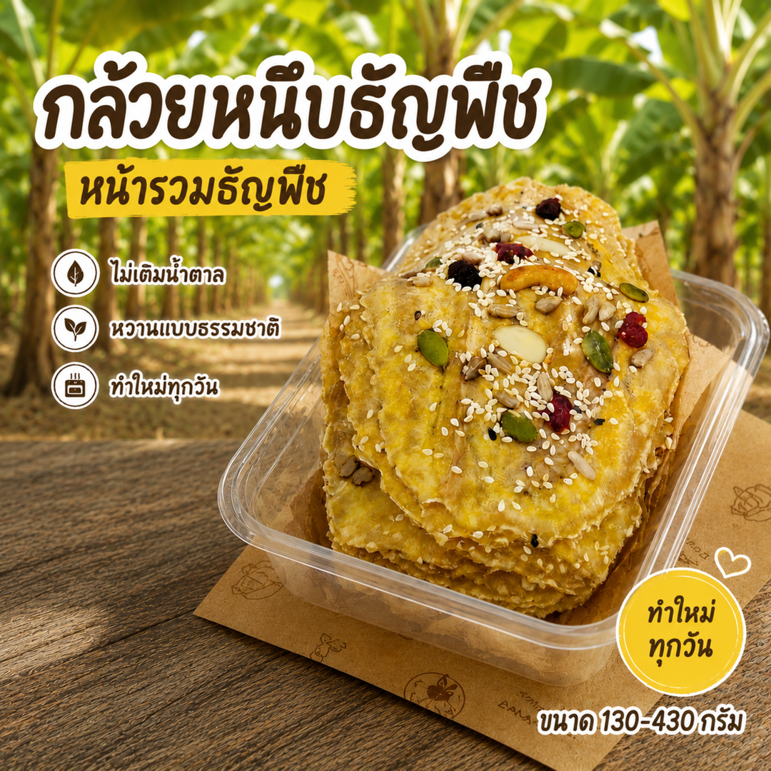 กล้วยหนึบอบธรรมชาติ หน้ารวมธัญพืช ทำจากกล้วยน้ำว้า ไม่ใส่น้ำตาล ไม่มีสารกันบูด  130กรัม/8-10ชิ้น 220กรัม/12-14ชิ้น สำหรับสุขภาพและท