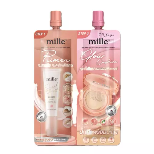 ดูโอ้ ไพรเมอร์ + คุชชั่น โกลว์ Mille 2in1 Bright Primer&Perfect Glow Cushion ( ซอง ) มีให้เลือก 3 เบอร์