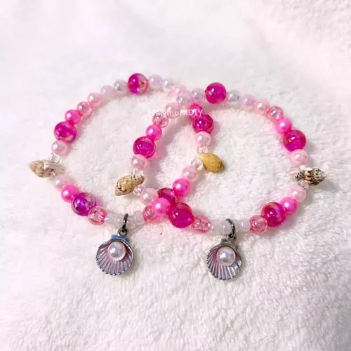 กำไลลูกปัด Pink Lagoon โทนทะเล สีชมพู เปลือกหอย ไข่มุก สร้อยข้อมือแฮนด์เมด - MarimoriiDIY