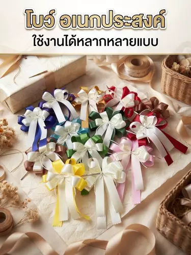 โบว์สำเร็จรูป ติดของชำรวย ติดกระเช้า โบว์ขนาด 13*19 ซม แต่งมุกสาย