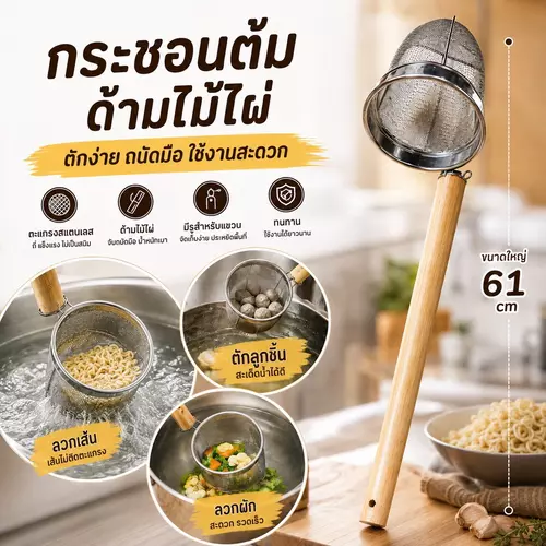 ตะกร้อลวกก๋วยเตี๋ยว กระชอนต้มด้ามไม้ไผ่ 61 ซม. 🍜✨ กระชอนสแตนเลสหนา ด้ามไม้ไผ่กันความร้อน กระชอนต้มลวก อุปกรณ์ร้านก๋วยเตี๋ยว