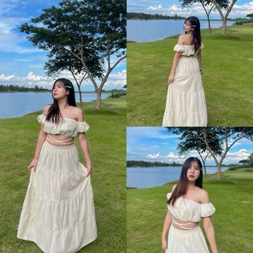 Queen👸🏻 ชุดเซ็ทเสื้อเกาะอกปาดไหล่และกระโปรงชั้นเลเยอร์ผ้าฝ้าย Manee.cotton