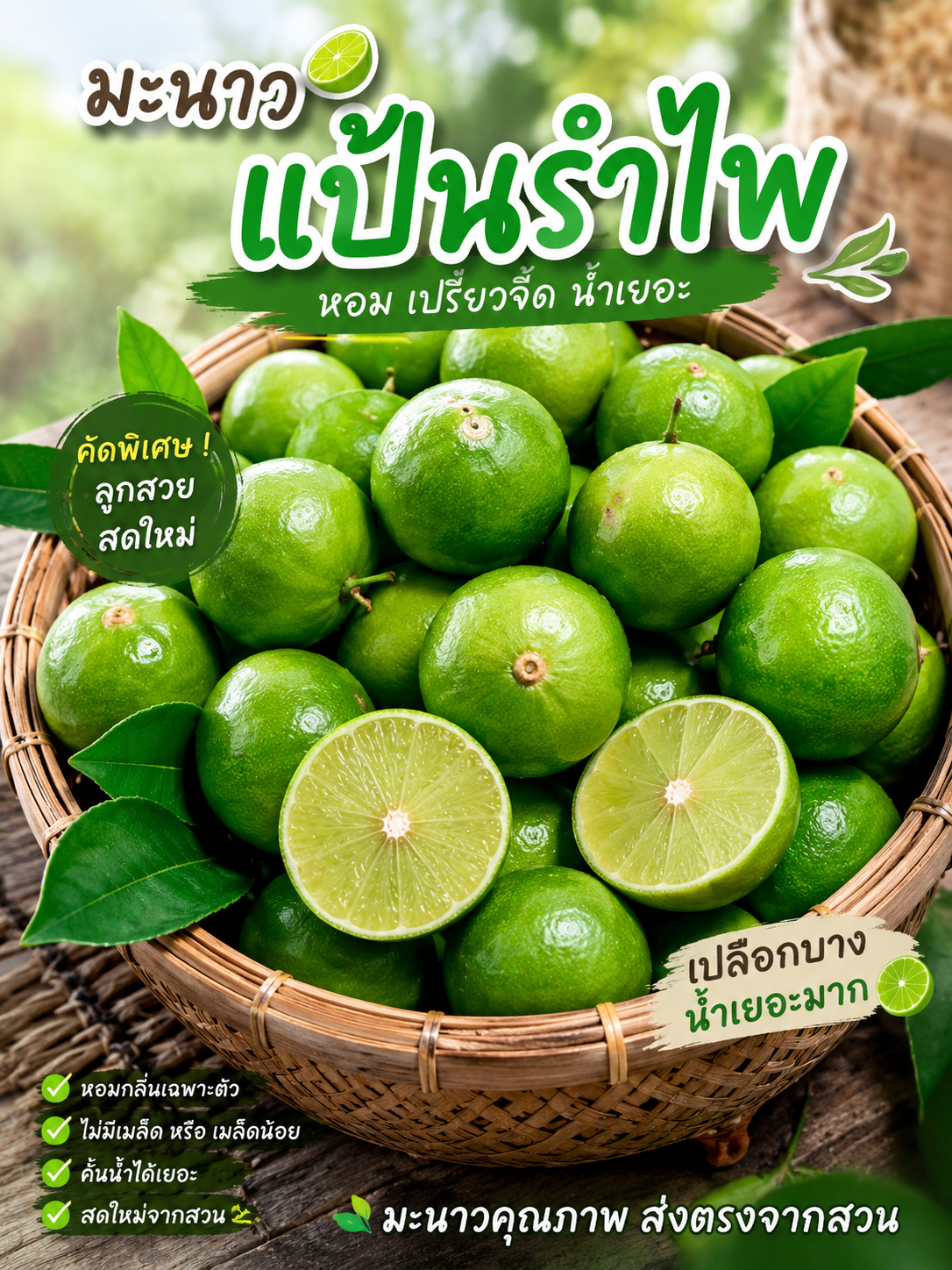 🍋มะนาวแป้นบ้านแพ้ว เปลือกบางน้ำเยอะเมล็ดน้อย น้ำหนัก1โล