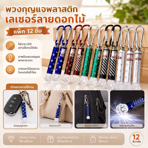 [แพ็ค 12 ชิ้น] พวงกุญแจพลาสติกเลเซอร์ ลายดอกไม้ ห่วงกุญแจโฮโลแกรม อะไหล่พวงกุญแจ DIY ห้อยกระเป๋า Y2K