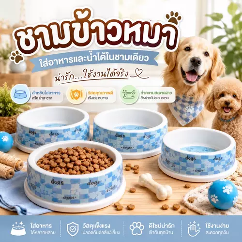 🐶🐱 ชามอาหารสุนัข/แมว "ลายขาว-ฟ้า" (White & Blue) 🥣✨ สไตล์คลาสสิก สีสะอาดตา น่าใช้มาก ล้างทำความสะอาดง่าย