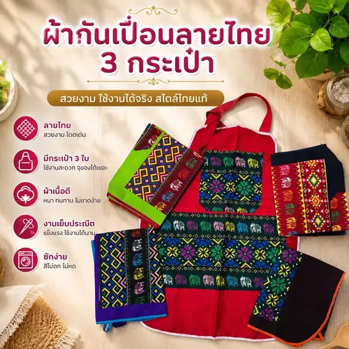 [มีให้เลือก 5 สี] ผ้ากันเปื้อนลายไทย 3 กระเป๋า ผ้ากันเปื้อนพ่อค้าแม่ค้า กระเป๋าใหญ่จุใจ สวยงาม ทนทาน ซักง่าย