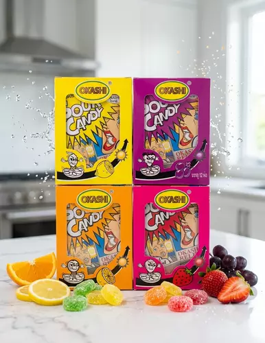 OKASHI Sour Candy ลูกอมเปรี้ยวจี๊ดสะใจ โอคาชิ ซาวร์แคนดี้ บรรจุ 12 ห่อ มี 4 รสชาติ (เลมอน/องุ่น/ส้ม/สตรอเบอร์รี่)