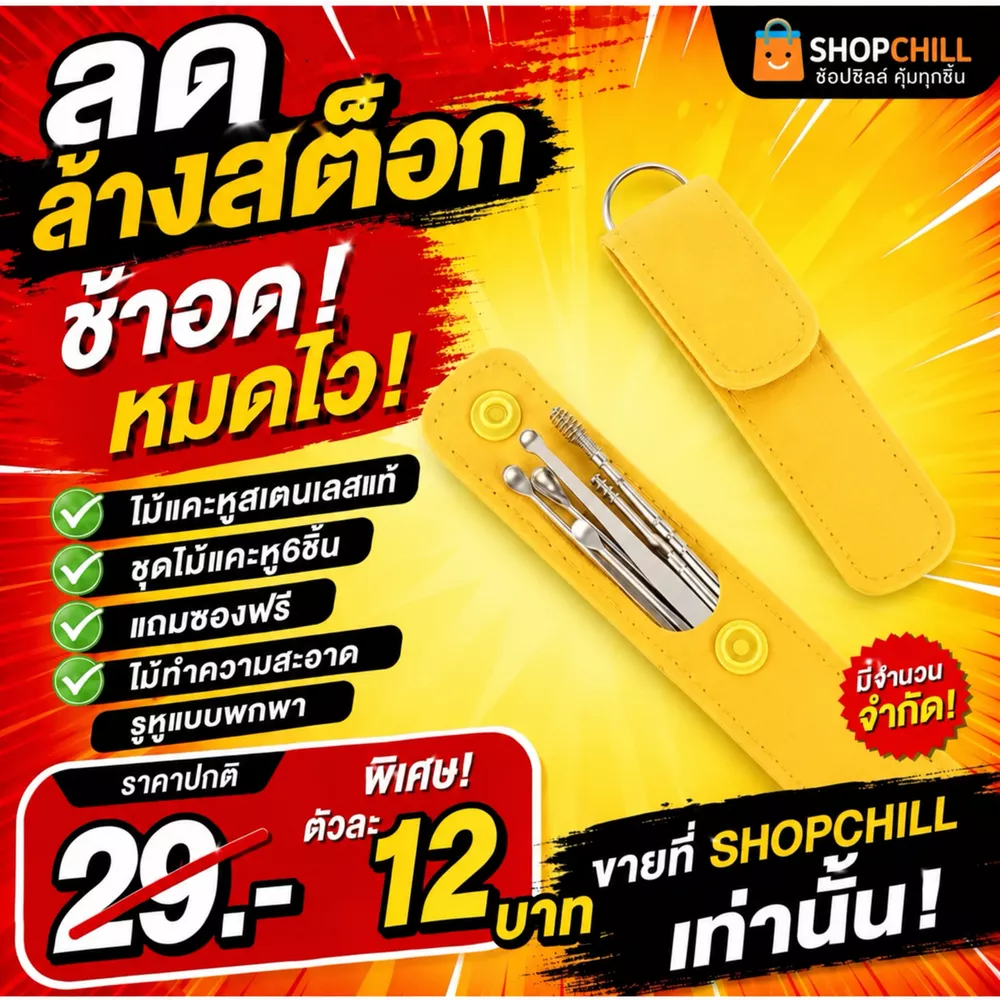 ลดล้างสต๊อก ไม้แคะหูสเตนเลสแท้ 6 ชิ้น แบบพกพา
