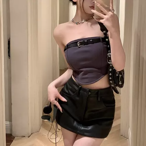 Pinkybra  เสื้อ เกาะอก 32-36 ตกแต่งกระดุม คาดเข็มขัด เซ็กซี่ เอวลอย โชว์สัดส่วน ผู้หญิง