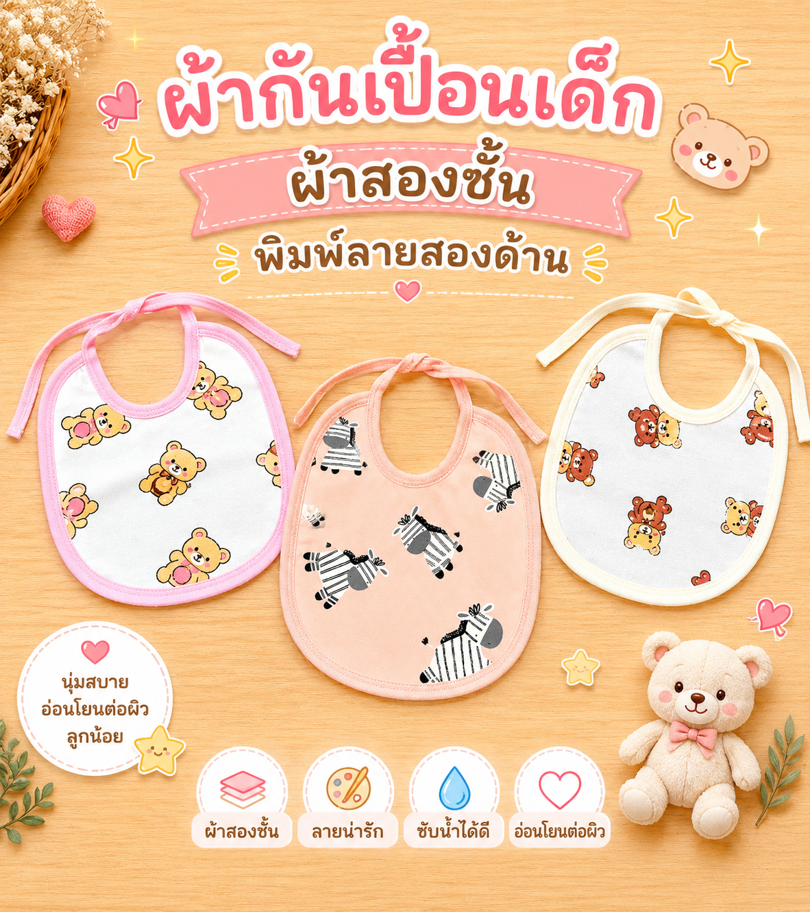 Iconkids ผ้ากันเปื้อนเด็ก 3 ผืน พิมพ์ลายทั้ง 2 ด้าน
