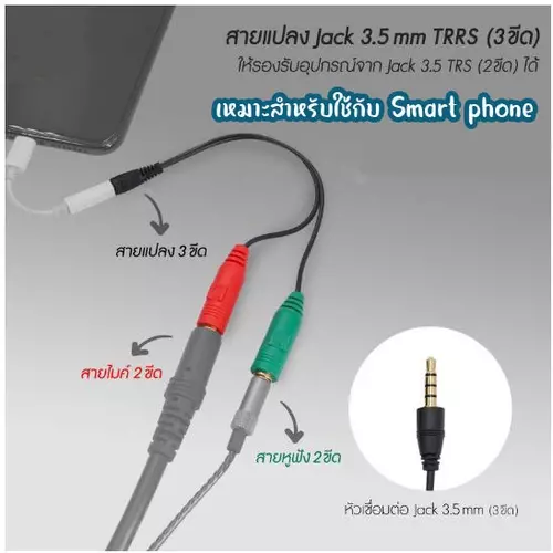 เขียว-แดง สายแปลงแจ็คตัวผู้ 3.5mm แบบ 3 ขีด เป็นเจ็คตัวเมีย 3.5 mm แยก ไมค์ ลำโพง เสียบเข้ามือถือหรือ Notebook งานดี