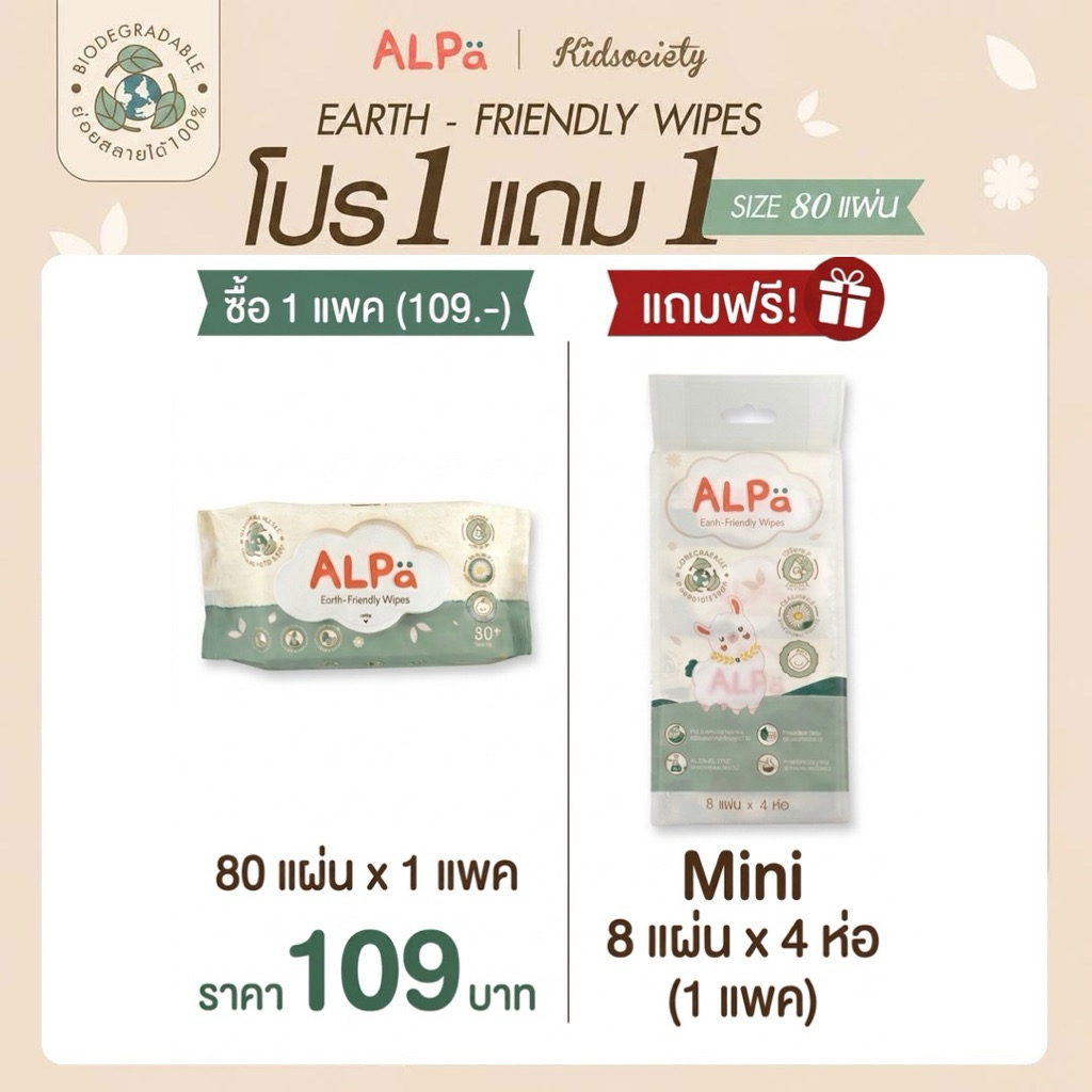 (1 แถม1)ALPa Earth-Friendly Wipes ผ้าเปียกย่อยสลายได้ ขนาด 80 แผ่น by Kidsociety
