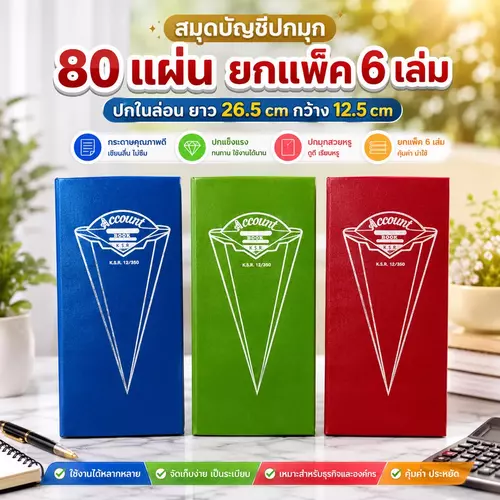 [พร้อมส่ง] สมุดบัญชีปกมุก 80 แผ่น (แพ็ค 6 เล่ม) ขนาด 26x12.5 ซม. สมุดจดบัญชีเล่มยาว กระดาษหนาเขียนลื่น มี 3 สี อุปกรณ์สำนักงาน