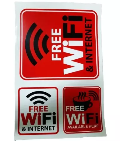 2 แผ่น สติ๊กเกอร์ Free wifi  สีแดง แผ่นนึงมี 3 รูป ขนาดแผ่นเอ4