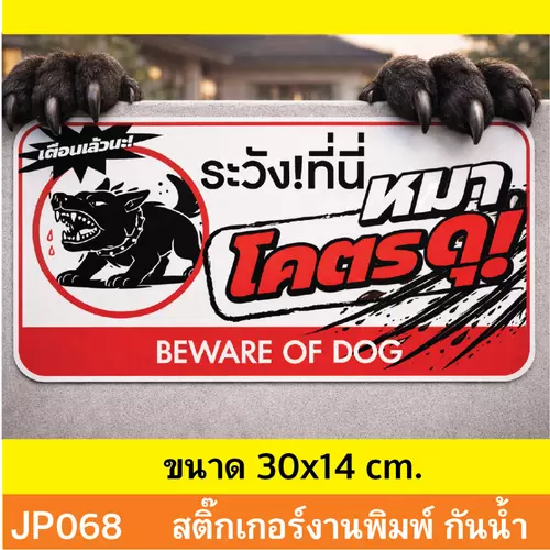 JP068 สติ๊กเกอร์ ระวังหมาดุ BEWARE OF DOG สำหรับเตือนภัย บ้านที่มีสุนัขดุ กันน้ำ ทนแดด ติดได้ทุกพื้นผิว!