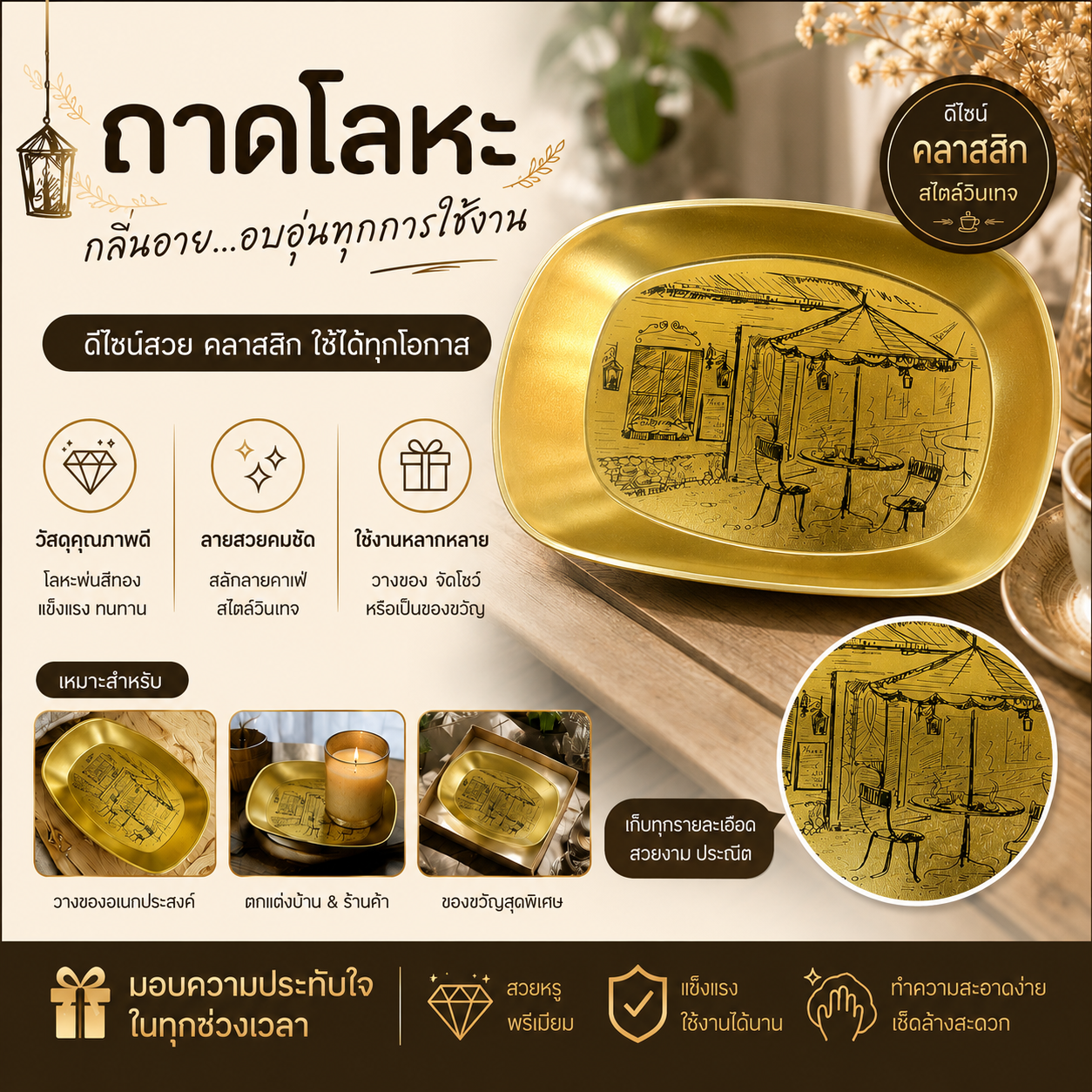 ถาดโลหะ ลายคาเฟ่ ลวดลายคาเฟ่วินเทจ สวยงาม ดูมีเอกลักษณ์