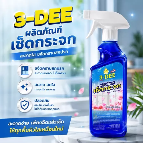 น้ำยาเช็ดกระจก 3-Dee (400 ml) สเปรย์เช็ดกระจก กระจกใสปิ๊ง ขจัดคราบมัน คราบฝุ่น ทำความสะอาดกระจกบ้านและรถยนต์