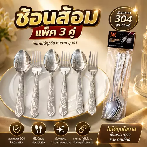 ชุดช้อนส้อมสแตนเลส (แพ็ค 3 คู่) ช้อนส้อมทานข้าว เนื้อหนาแข็งแรง ไม่ลอกไม่ดำ ช้อนส้อมประจำบ้าน อุปกรณ์ครัว