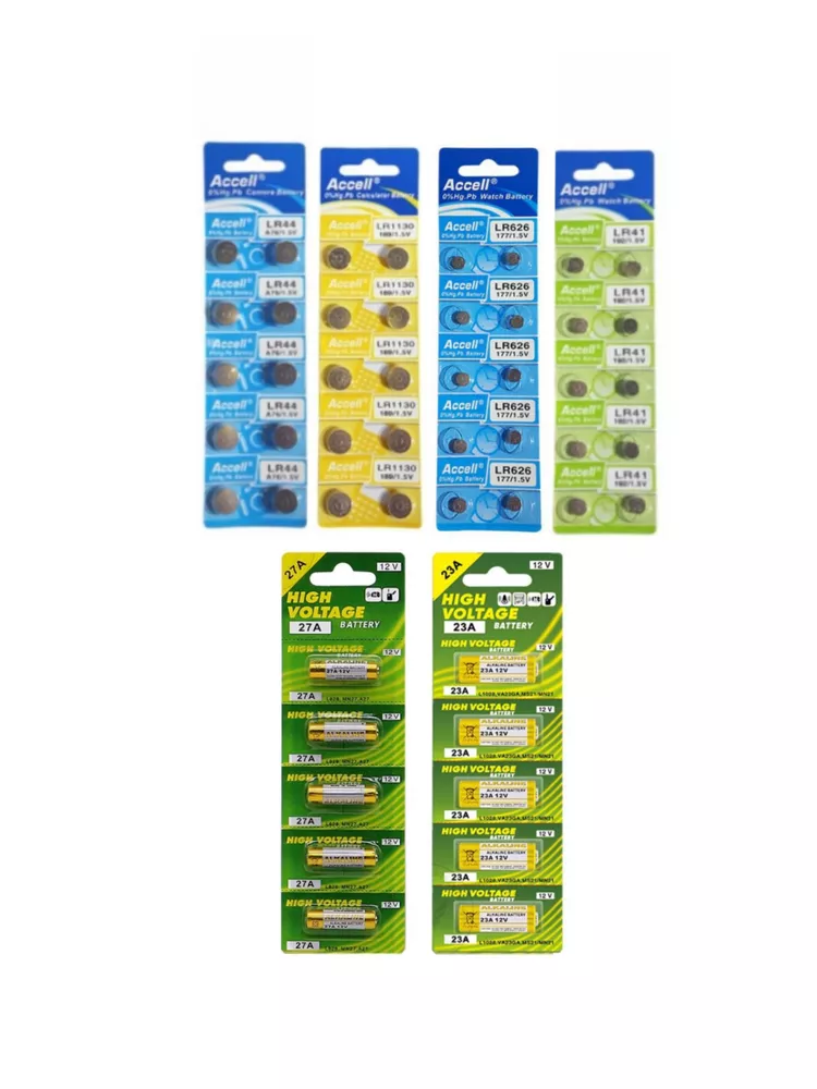 Accellถ่านกระดุม 1.5V มีหลากหลายเบอร์ให้เลือก 1 แผงมี 10 ก้อน/ถ่านรีโมทจีพี 12V มี 2 เบอร์ 1 แผงมี 5 ก้อน