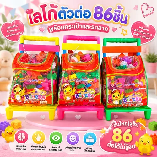 [สุดคุ้ม 86 ชิ้น!] ชุดเลโก้ตัวต่อเด็ก พร้อมกระเป๋าเก็บและรถลากสุดน่ารัก 🧩🚗 ตัวต่อชิ้นใหญ่ปลอดภัย ฝึกสมาธิ เสริมพัฒนาการ