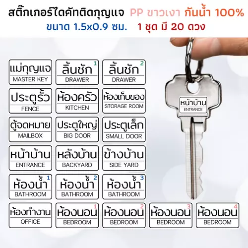 (ขนาด 1.5x0.9 ซม) สติ๊กเกอร์กุญแจ PP ขาวเงา กันน้ำ ติดพวงกุญแจ ลูกกุญแจรถ บ้าน ประตู หน้าต่าง ห้อง