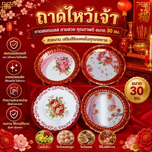 🔥ถาดแดงไหว้เจ้า & ถาดสแตนเลส 30 ซม. (เลือกได้ 4 แบบ)🔥 ถาดมงคล ถาดใส่ของไหว้/ผลไม้/ของขวัญ 📦 เนื้อหนา แข็งแรง ทนทาน น้ำหนักเบา