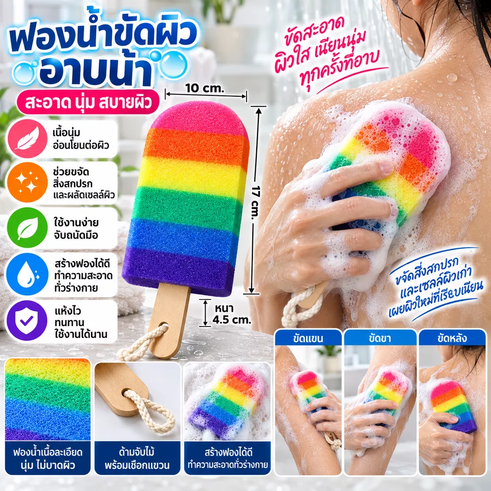 ￼( คละลาย ) ฟองน้ำขัดผิว ฟองน้ำอาบน้ำสายรุ้ง ด้ามไม้ พร้อมเชือกแขวน