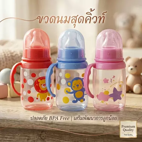 🍼✨ ขวดนมเด็ก 4 ออนซ์ ทรงกลม พร้อมแขนจับ (รุ่นประหยัด มี 3 สี คละสี) 👶🏻 ปลอดภัย BPA Free จับถนัดมือ ล้างทำความสะอาดง่าย ราคาถูกที่สุด!