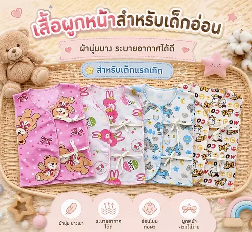 (4 ตัว 69)เสื้อเดี่ยวผูกหน้าแรกเกิด ผ้านุ่มบาง ระบายอากาศดีเหมาะกับฤดูร้อน คละลายตามเพศ