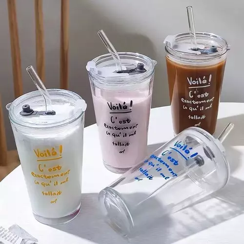 พร้อมส่ง ถ้วยแก้ว แก้วใส่น้ำ 450ml แก้วกาแฟ สไตล์มินิมอล (แก้วใสๆมีฝาปิดพร้อมหลอด)