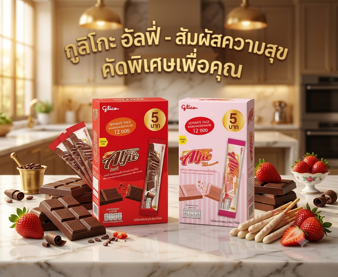 กูลิโกะ แอลฟี่ (12 ซอง) ขนมช็อกโกแลตผสมเพรทเซล เคี้ยวกรุบกรอบ อร่อยเต็มคำ รสช็อกโกแลต & สตรอเบอร์รี่