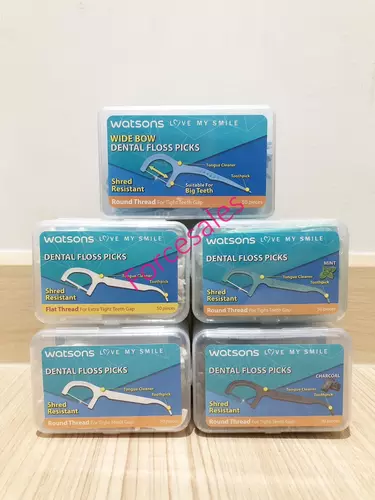 WATSONS ไหมขัดฟัน เส้นกลม เส้นโค้ง เส้นแบน ชาร์โคล มิ้นท์ ชนิดด้าม 50ชิ้น x 3แพ็ค