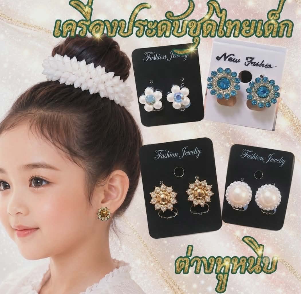 ต่างหูหนีบมุกชุดไทยเด็ก เครื่องประดับชุดไทยเด็ก ต่างหูเทศกาลสงกรานต์ลอยกระทง