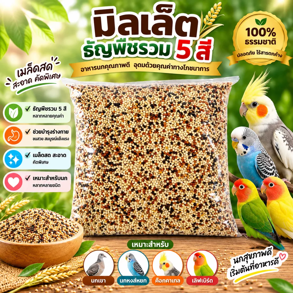 มิลเล็ต (1 กก.)  ธัญพืช 5สี ฟ่างลาย นกเขา นกแก้ว นกหงส์หยก…