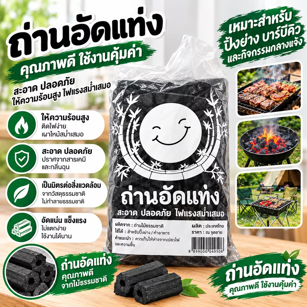 ￼ถ่านอัดแท่ง ถ่านปิ้งย่าง ให้ความร้อนสูง ไฟแรงสม่ำเสมอ เหมาะสำหรับปิ้งย่าง ทำอาหาร และกิจกรรมกลางแจ้ง