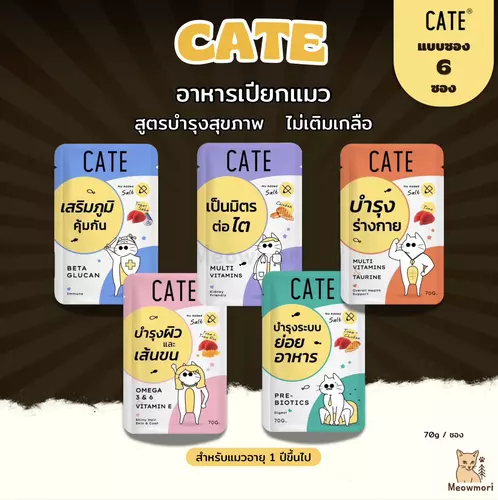 6 ซอง Cate เคท อาหารเปียกแมวบำรุงสุขภาพ 5 สูตร ยกโหล ไม่เติมเกลือ ผลิตจากเนื้อสัตวแท้ ขนาด 70 กรัม ดูแลสุขภาพไต ระบบย่อยอาหาร ผิวหนังและเส้นขน